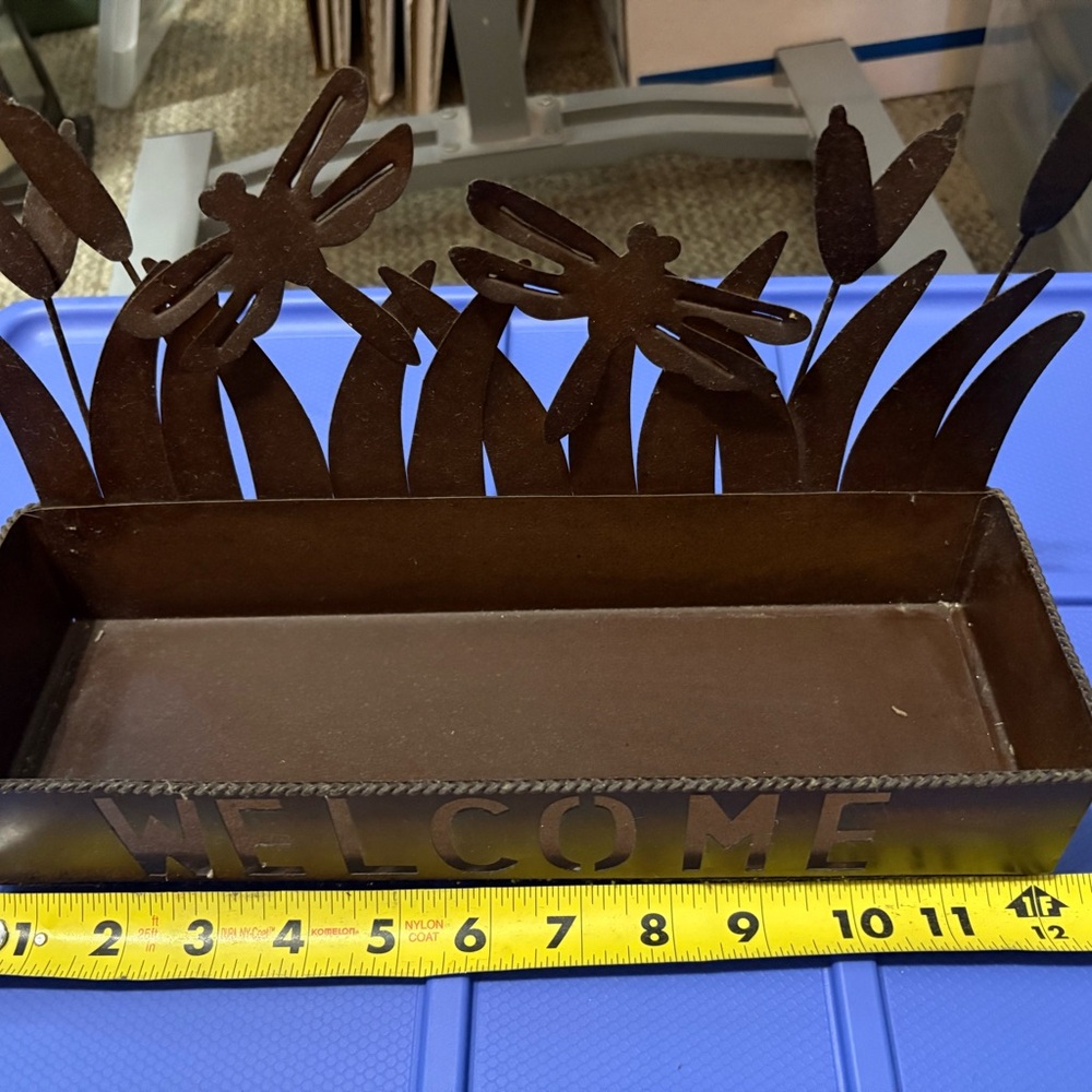 Brown Metal Welcome Sign with Dragonfly Design